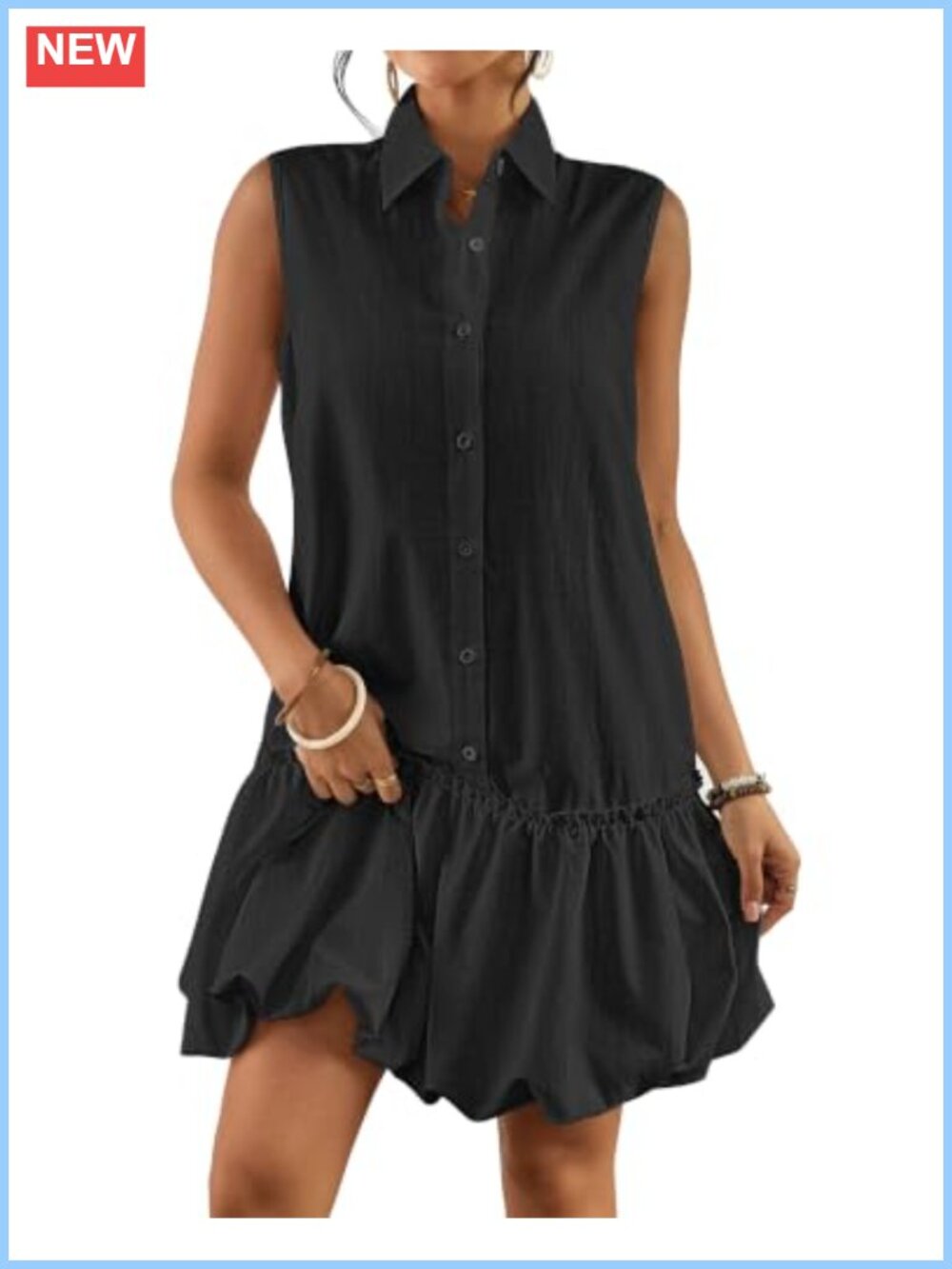 Women Casual Summer Linen Mini Dress Bubble Sleeveless Button Down Pocket